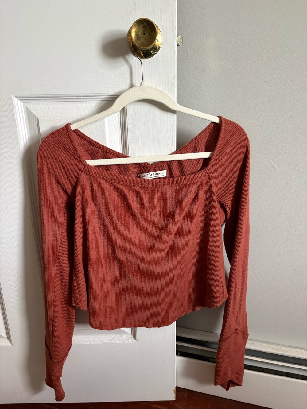 We The Free Rust Ribbed Long-Sleeve Square Neck Top